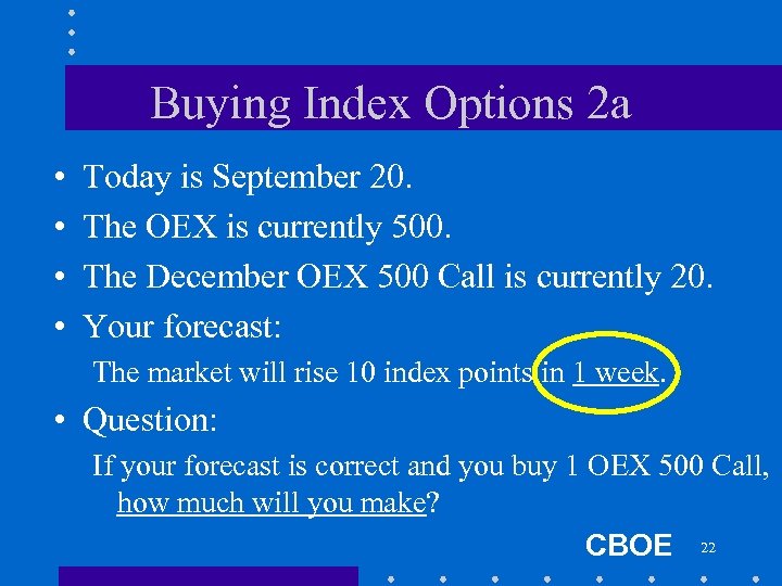 Buying Index Options 2 a • • Today is September 20. The OEX is