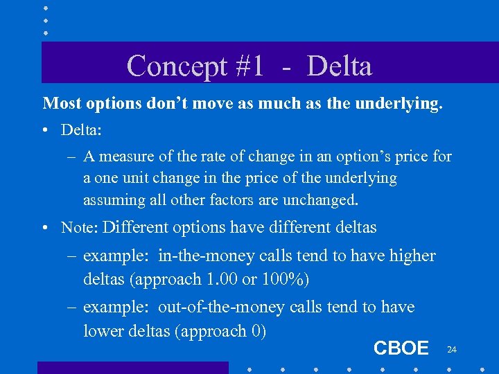 Concept #1 - Delta Most options don’t move as much as the underlying. •