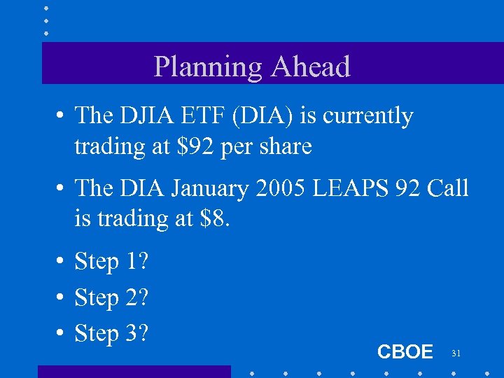 Planning Ahead • The DJIA ETF (DIA) is currently trading at $92 per share