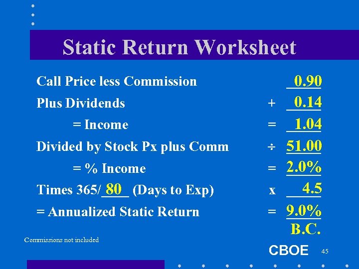 Static Return Worksheet Call Price less Commission _____ 0. 90 Plus Dividends 0. 14