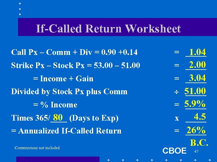 If-Called Return Worksheet Call Px – Comm + Div = 0. 90 +0. 14