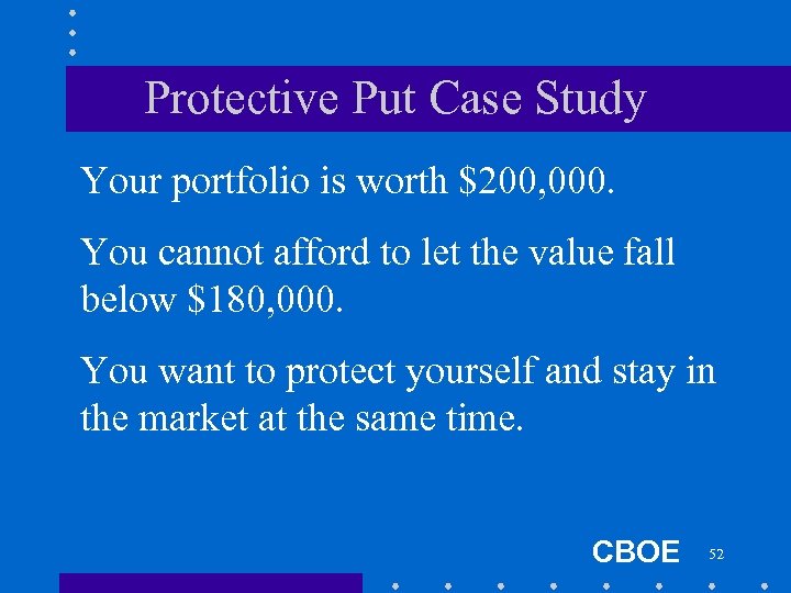 Protective Put Case Study Your portfolio is worth $200, 000. You cannot afford to