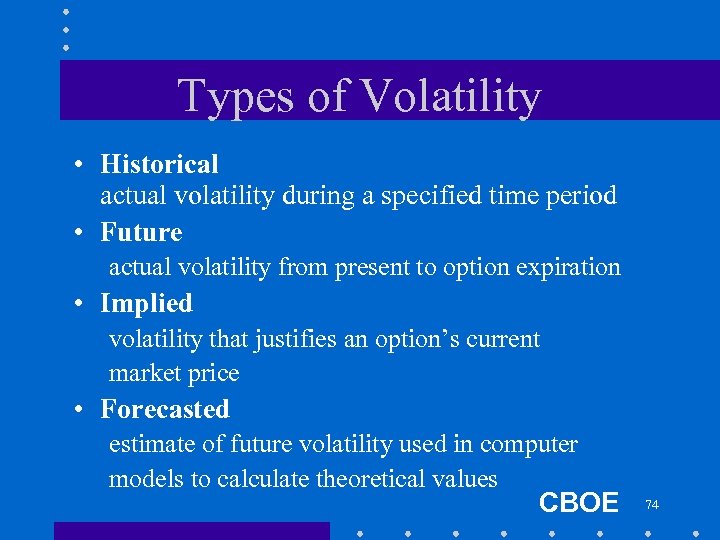 Types of Volatility • Historical actual volatility during a specified time period • Future