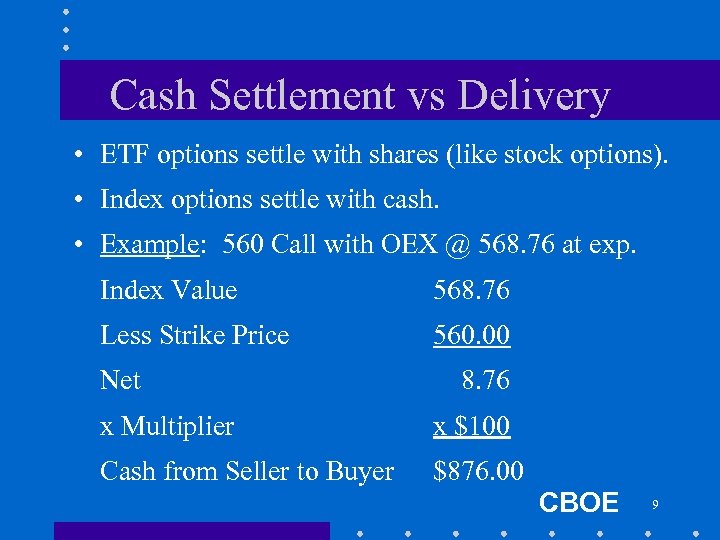 Cash Settlement vs Delivery • ETF options settle with shares (like stock options). •