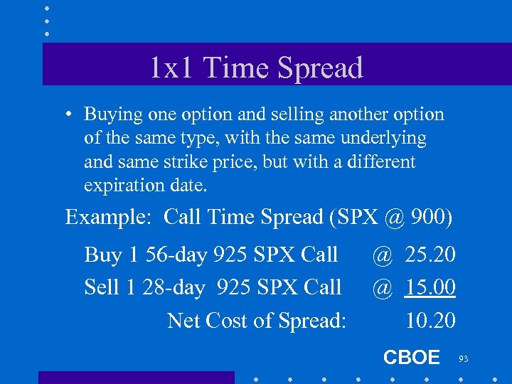 1 x 1 Time Spread • Buying one option and selling another option of