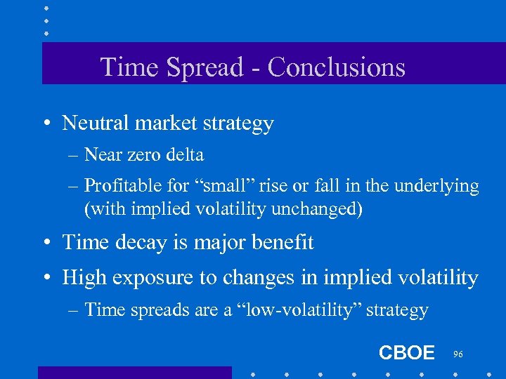 Time Spread - Conclusions • Neutral market strategy – Near zero delta – Profitable