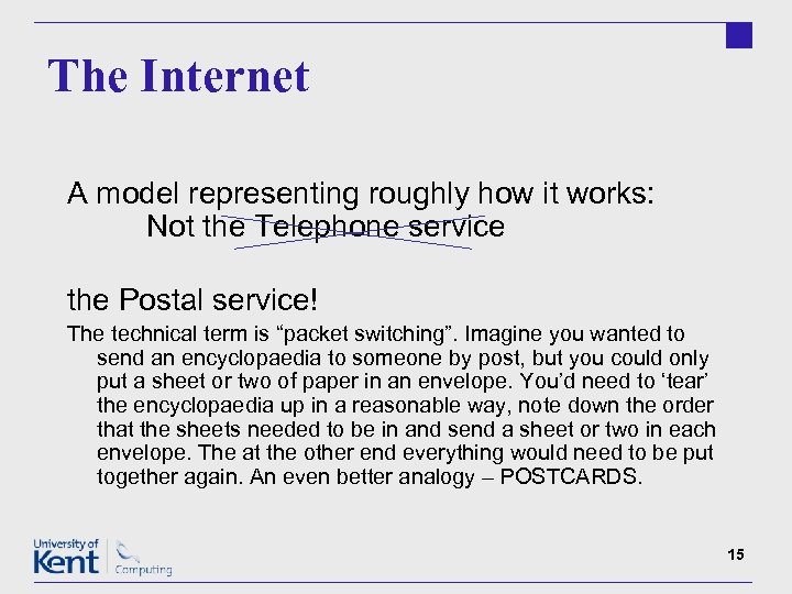 The Internet A model representing roughly how it works: Not the Telephone service the
