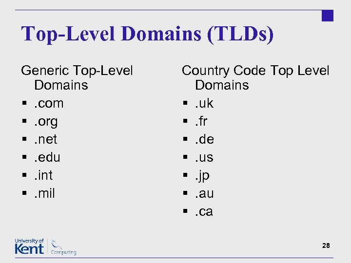 Top-Level Domains (TLDs) Generic Top-Level Domains §. com §. org §. net §. edu