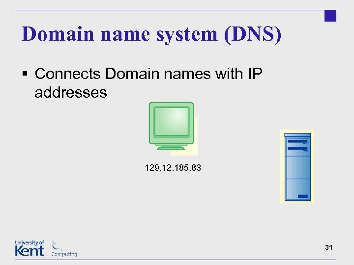Domain name system (DNS) § Connects Domain names with IP addresses 129. 12. 185.