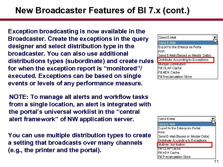 New Broadcaster Features of BI 7. x (cont. ) Exception broadcasting is now available