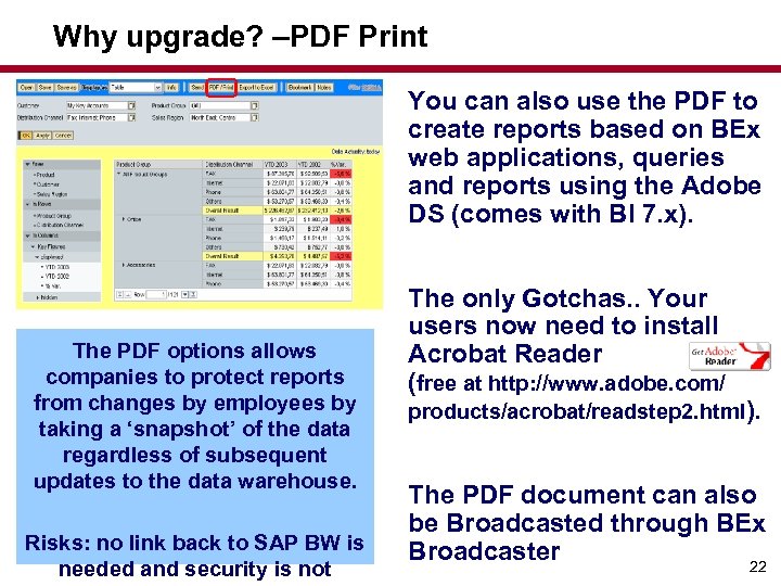 Why upgrade? –PDF Print You can also use the PDF to create reports based