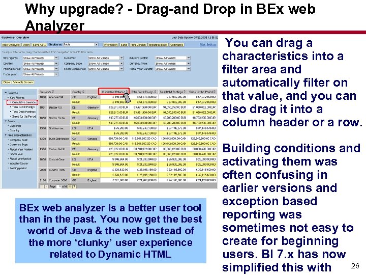 Why upgrade? - Drag-and Drop in BEx web Analyzer You can drag a characteristics