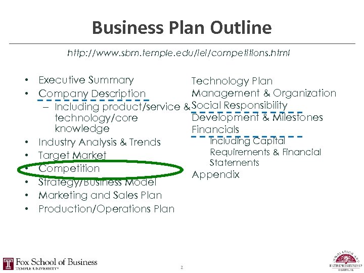 Business Plan Outline http: //www. sbm. temple. edu/iei/competitions. html • Executive Summary Technology Plan