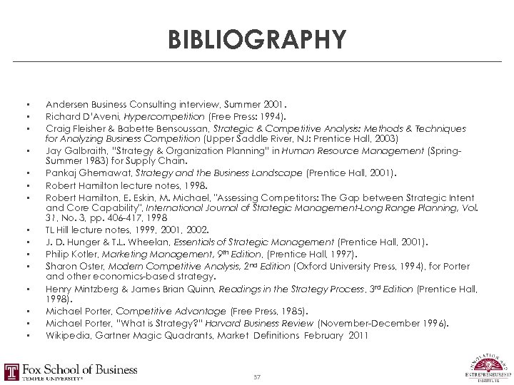 BIBLIOGRAPHY • • • • Andersen Business Consulting interview, Summer 2001. Richard D’Aveni, Hypercompetition