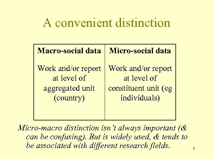 A convenient distinction Macro-social data Micro-social data Work and/or report at level of aggregated