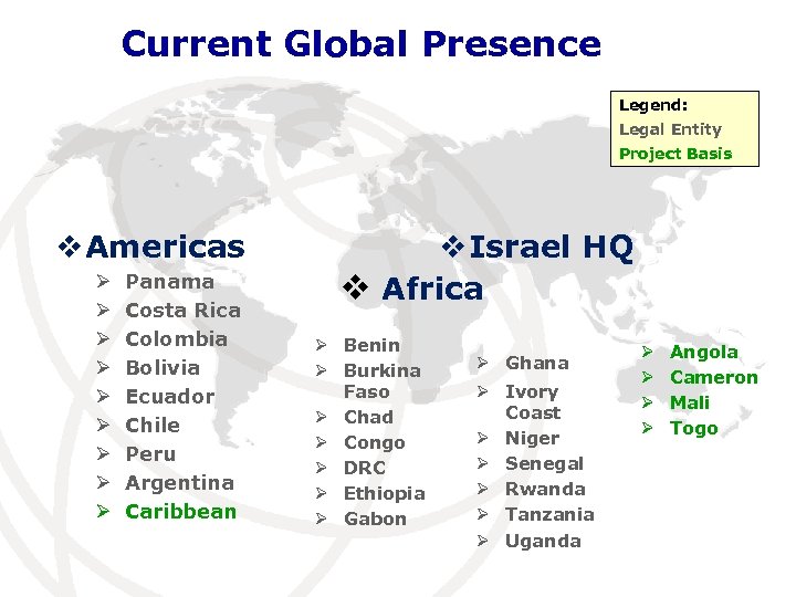 Current Global Presence Legend: Legal Entity Project Basis v Americas Ø Ø Ø Ø