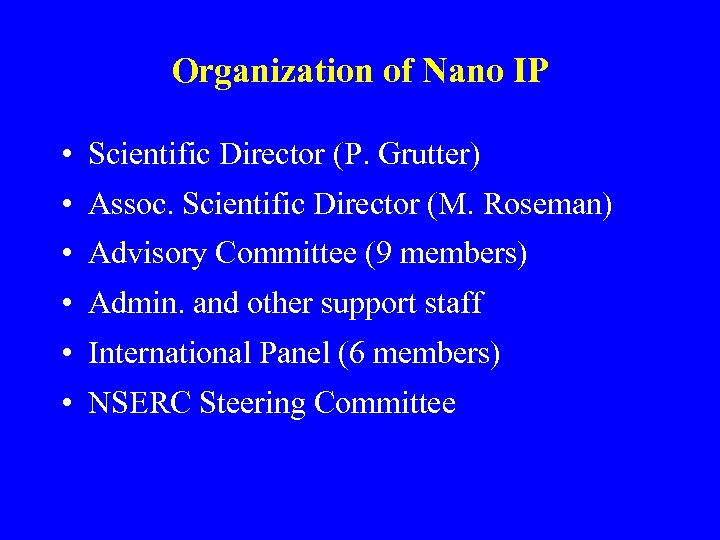 Organization of Nano IP • Scientific Director (P. Grutter) • Assoc. Scientific Director (M.
