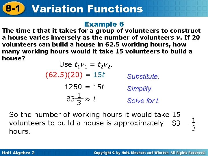 8 -1 Variation Functions Example 6 The time t that it takes for a