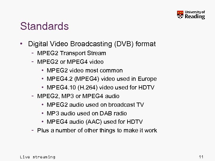 Standards • Digital Video Broadcasting (DVB) format – MPEG 2 Transport Stream – MPEG