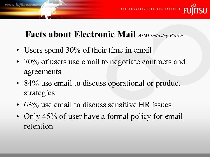 Facts about Electronic Mail AIIM Industry Watch • Users spend 30% of their time