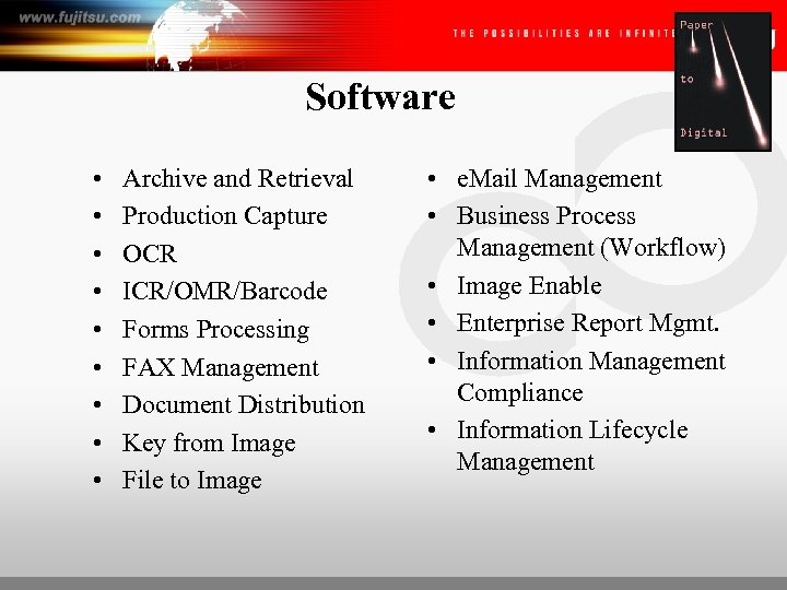 Software • • • Archive and Retrieval Production Capture OCR ICR/OMR/Barcode Forms Processing FAX