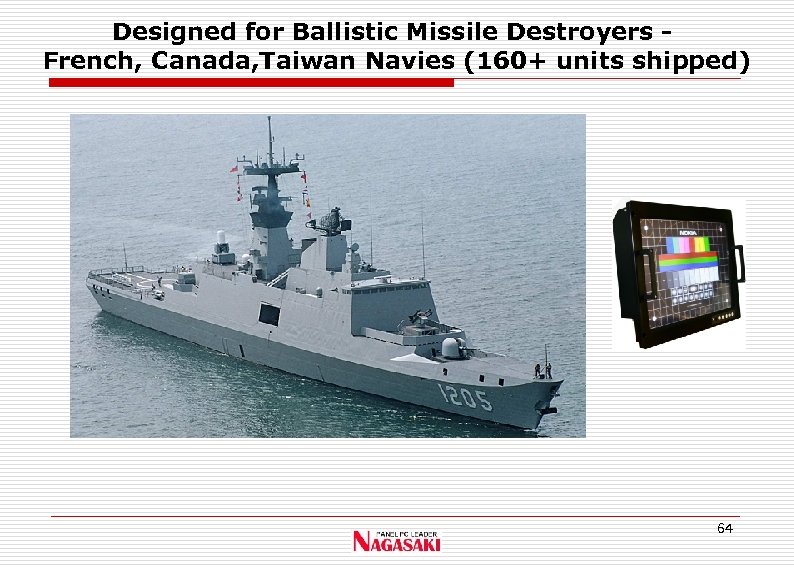 Designed for Ballistic Missile Destroyers French, Canada, Taiwan Navies (160+ units shipped) 64 