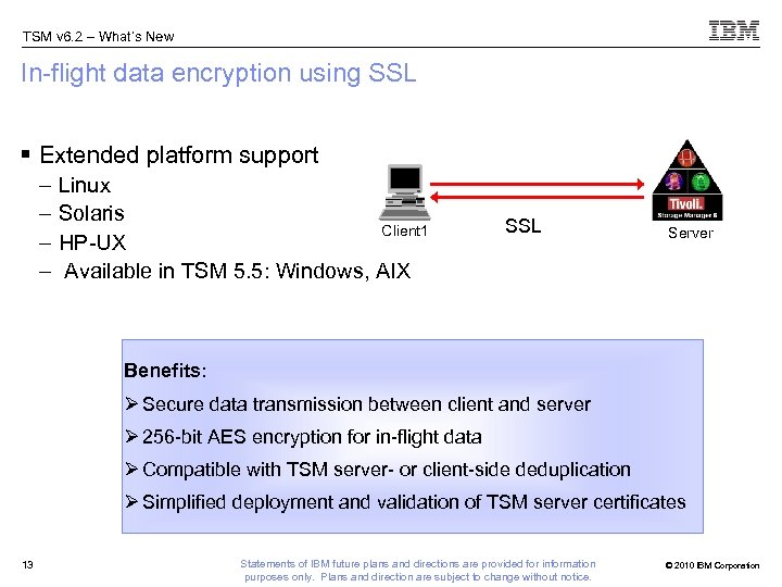 TSM v 6. 2 – What’s New In-flight data encryption using SSL § Extended