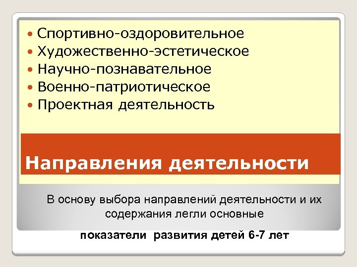 Спортивно-оздоровительное Художественно-эстетическое Научно-познавательное Военно-патриотическое Проектная деятельность Направления деятельности В основу выбора направлений деятельности и