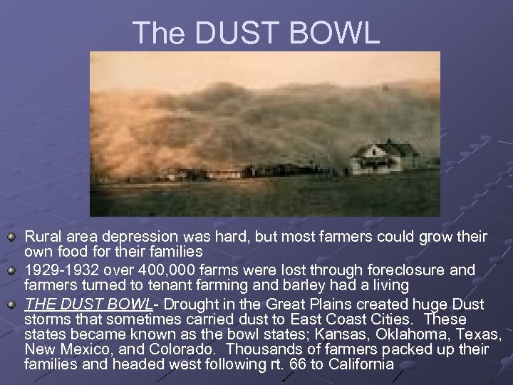The DUST BOWL Rural area depression was hard, but most farmers could grow their