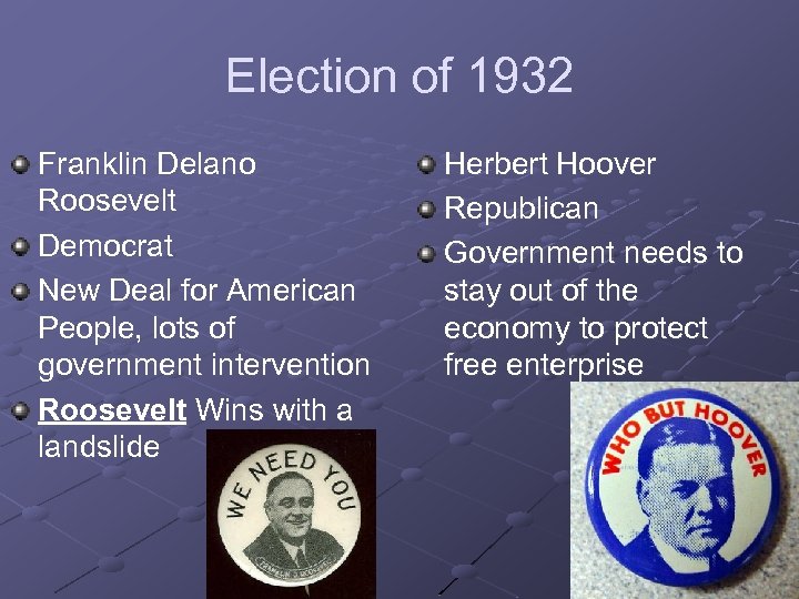 Election of 1932 Franklin Delano Roosevelt Democrat New Deal for American People, lots of