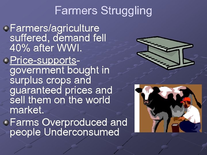 Farmers Struggling Farmers/agriculture suffered, demand fell 40% after WWI. Price-supportsgovernment bought in surplus crops