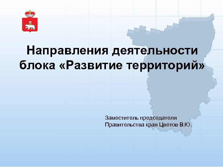 Направления деятельности блока «Развитие территорий» Заместитель председателя Правительства края Цветов В. Ю. 