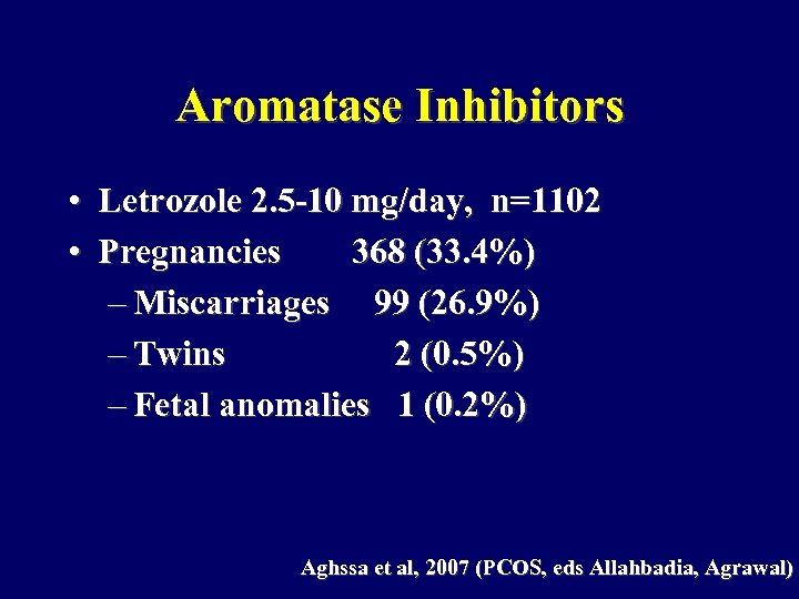 Aromatase Inhibitors • Letrozole 2. 5 -10 mg/day, n=1102 • Pregnancies 368 (33. 4%)