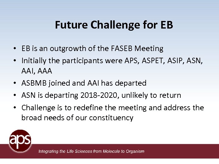 Future Challenge for EB • EB is an outgrowth of the FASEB Meeting •