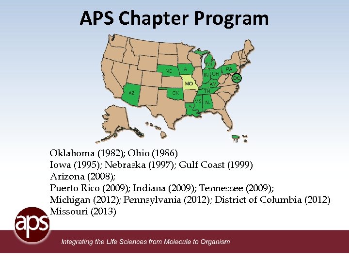 APS Chapter Program Oklahoma (1982); Ohio (1986) Iowa (1995); Nebraska (1997); Gulf Coast (1999)