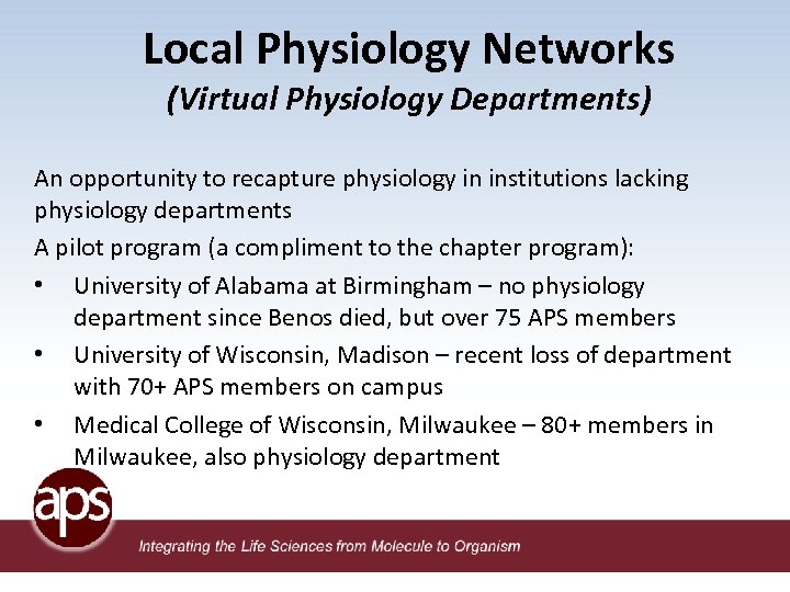 Local Physiology Networks (Virtual Physiology Departments) An opportunity to recapture physiology in institutions lacking