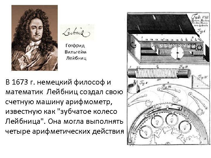 Готфрид Вильгейм Лейбниц В 1673 г. немецкий философ и математик Лейбниц создал свою счетную