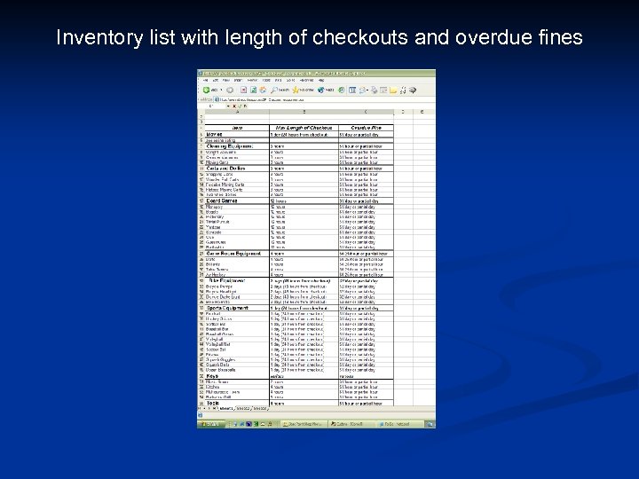 Inventory list with length of checkouts and overdue fines 