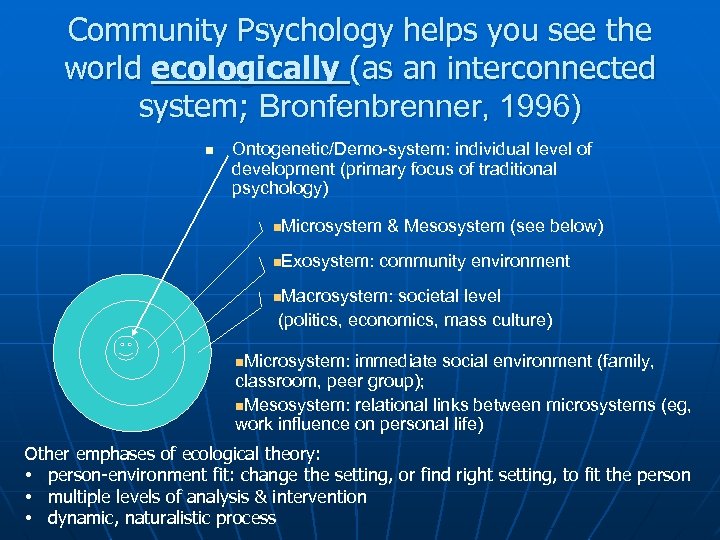 Community Psychology helps you see the world ecologically (as an interconnected system; Bronfenbrenner, 1996)
