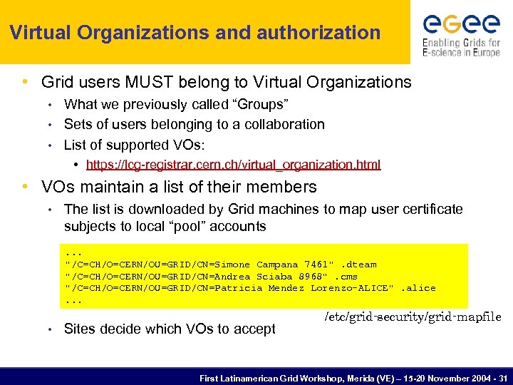 Virtual Organizations and authorization • Grid users MUST belong to Virtual Organizations What we