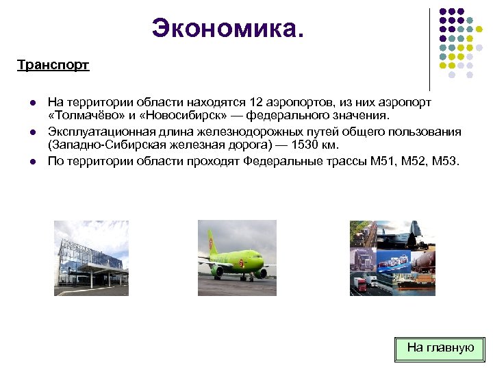 Экономика. Транспорт l l l На территории области находятся 12 аэропортов, из них аэропорт