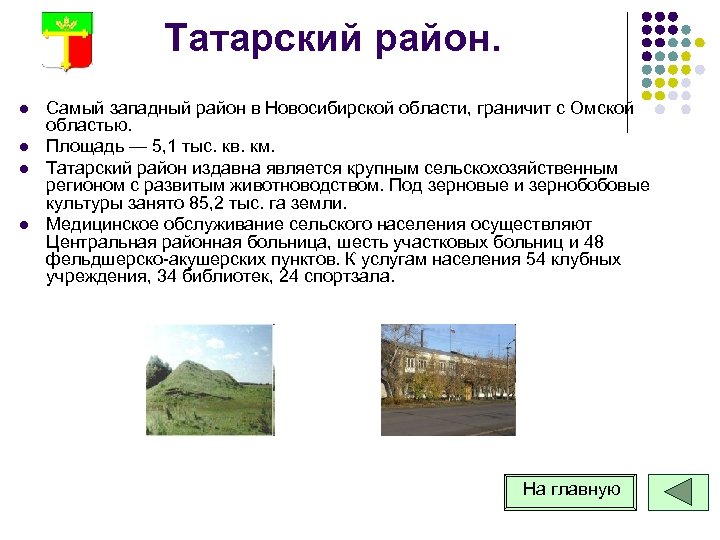 Татарский район. l l Самый западный район в Новосибирской области, граничит с Омской областью.
