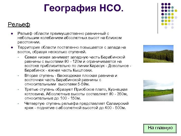 География НСО. Рельеф l l Рельеф области преимущественно равнинный с небольшим колебанием абсолютных высот