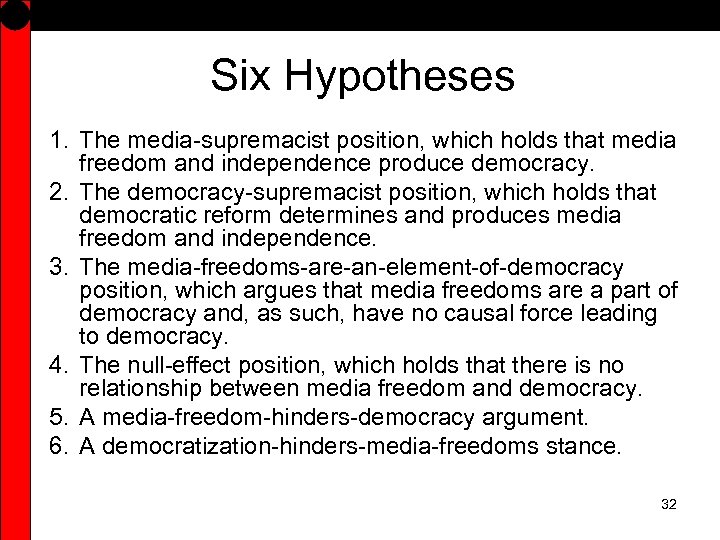 Six Hypotheses 1. The media-supremacist position, which holds that media freedom and independence produce