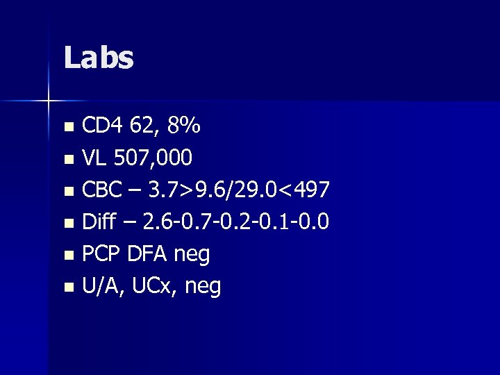 Labs CD 4 62, 8% n VL 507, 000 n CBC – 3. 7>9.