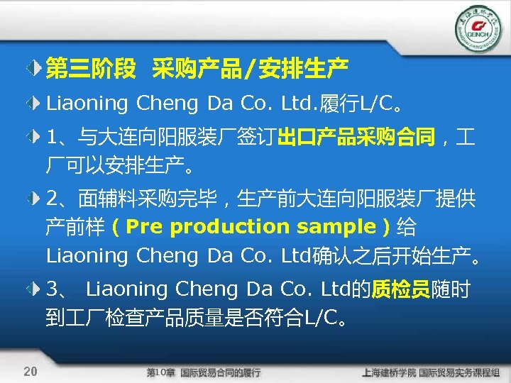 第三阶段 采购产品/安排生产 Liaoning Cheng Da Co. Ltd. 履行L/C。 1、与大连向阳服装厂签订出口产品采购合同， 厂可以安排生产。 2、面辅料采购完毕，生产前大连向阳服装厂提供 产前样（Pre production sample）给