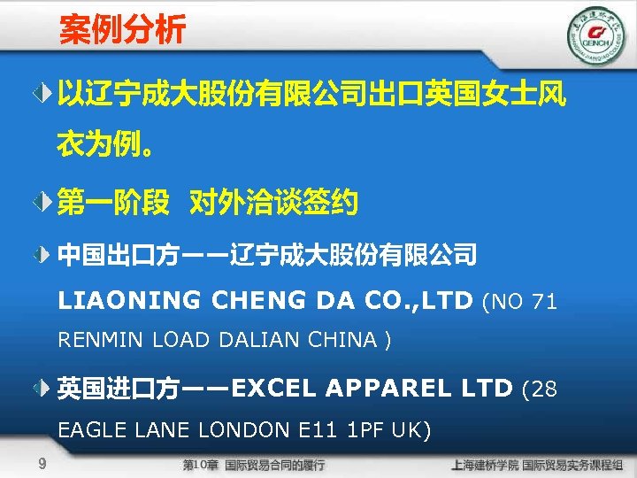案例分析 以辽宁成大股份有限公司出口英国女士风 衣为例。 第一阶段 对外洽谈签约 中国出口方——辽宁成大股份有限公司 LIAONING CHENG DA CO. , LTD (NO 71