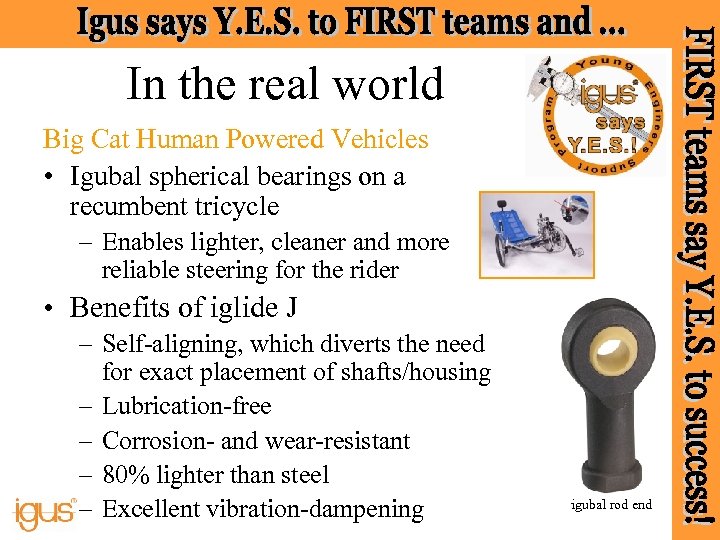 In the real world Big Cat Human Powered Vehicles • Igubal spherical bearings on