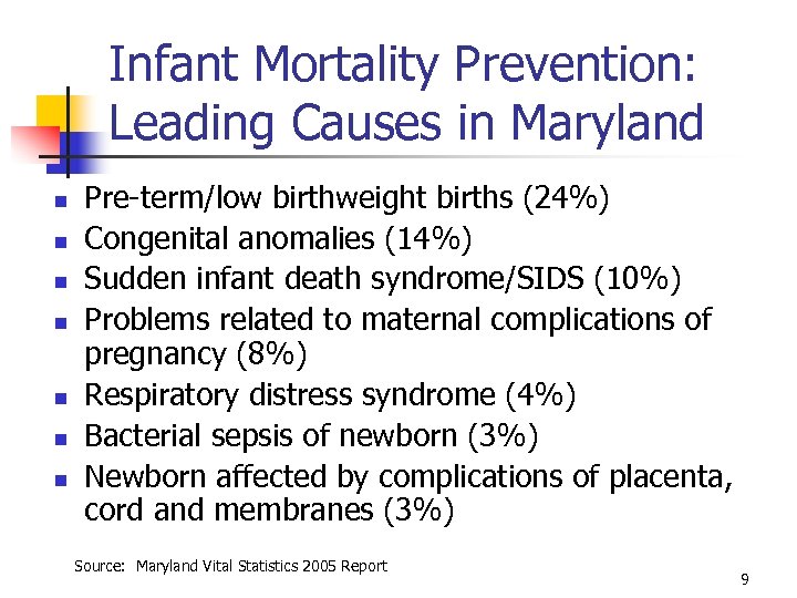 Infant Mortality Prevention: Leading Causes in Maryland n n n n Pre-term/low birthweight births