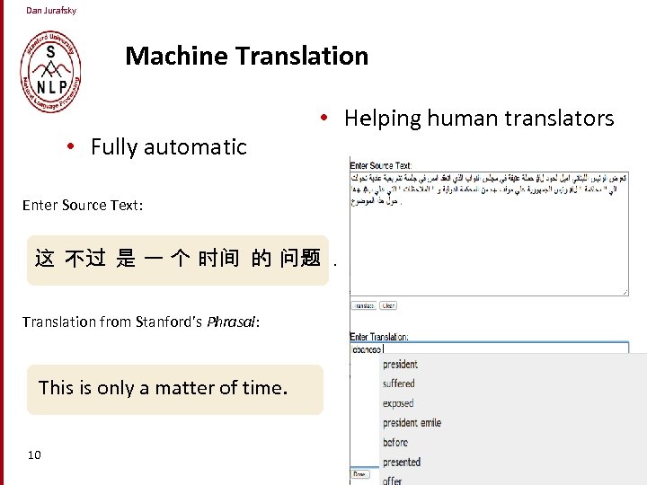 Dan Jurafsky Machine Translation • Fully automatic • Helping human translators Enter Source Text:
